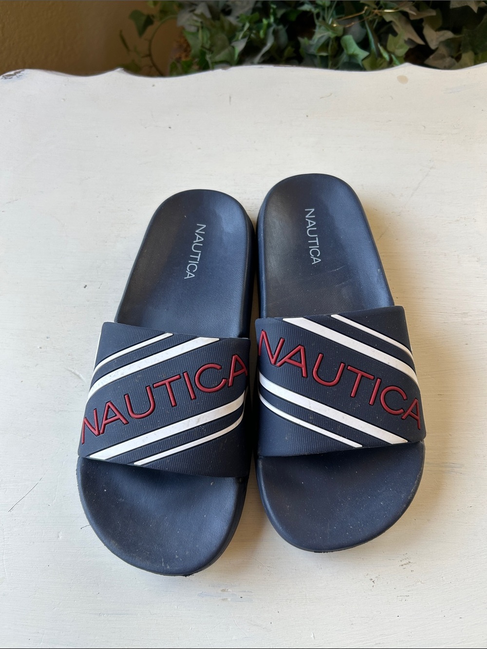 Nautica Navy Slides with Red Logo and White Stripes